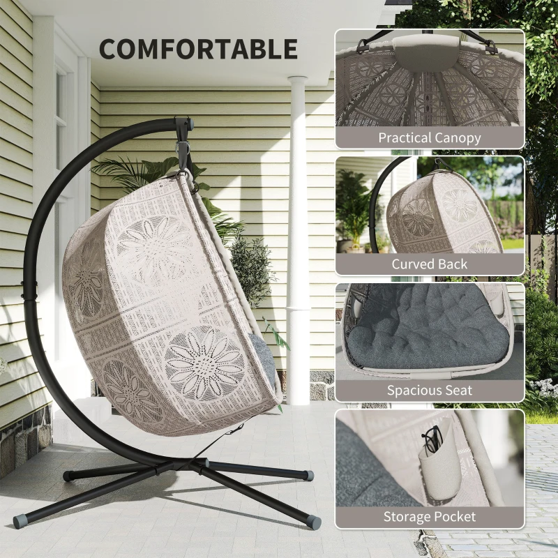 Outsunny Hängesessel mit Gestell, Eiförmiger Hängeschaukel mit abnehmbarem waschbarem Kissen, Hängematte für 2 Personen, Schaukelsessel Indoor Outdoor, Sand+Schwarz