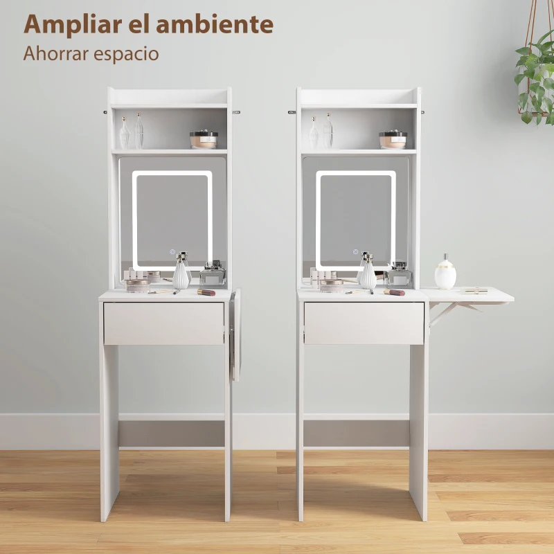 HOMCOM Tocador de Maquillaje con Luces LED de Color Ajustable y Espejo Lateral Abatible Cajón Compartimentos Abiertos Blanco