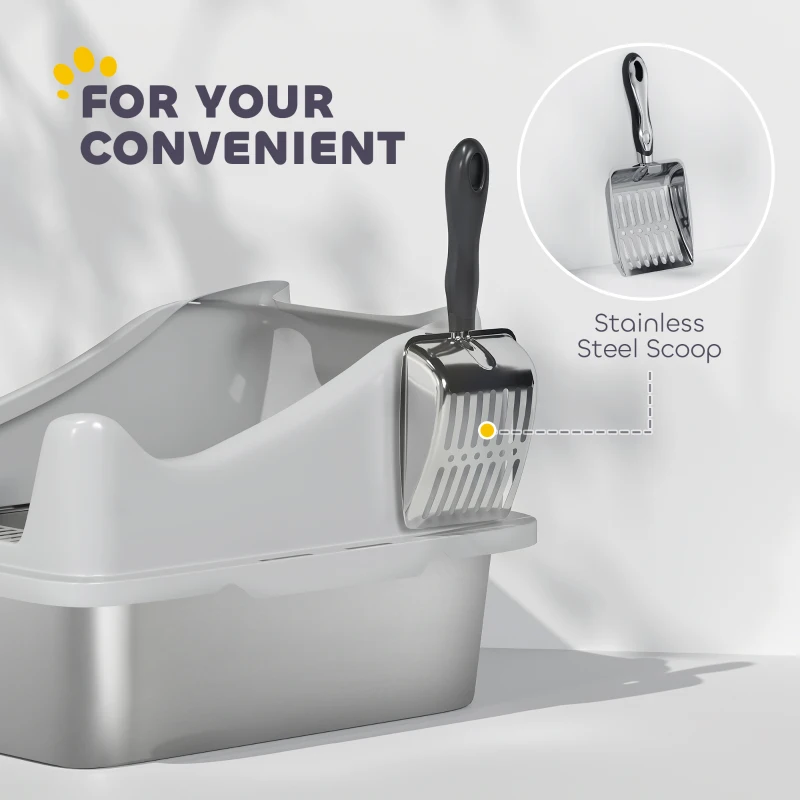 PawHut Stainless Steel Cat Litter Box with High Sides, Metal Scoop, 43 x 33 x 25 cm