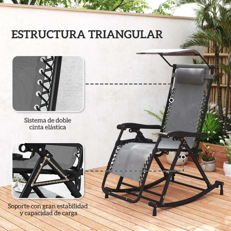 Outsunny Silla Mecedora de Jardín Plegable Tumbona Reclinable con Techo Protección Solar Reposacabezas Extraíble y Reposapiés Estructura de Acero 120x67x102 cm Gris