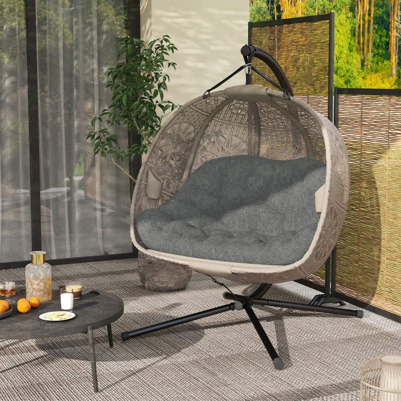 Outsunny Hängesessel mit Gestell, Eiförmiger Hängeschaukel mit abnehmbarem waschbarem Kissen, Hängematte für 2 Personen, Schaukelsessel Indoor Outdoor, Sand+Schwarz