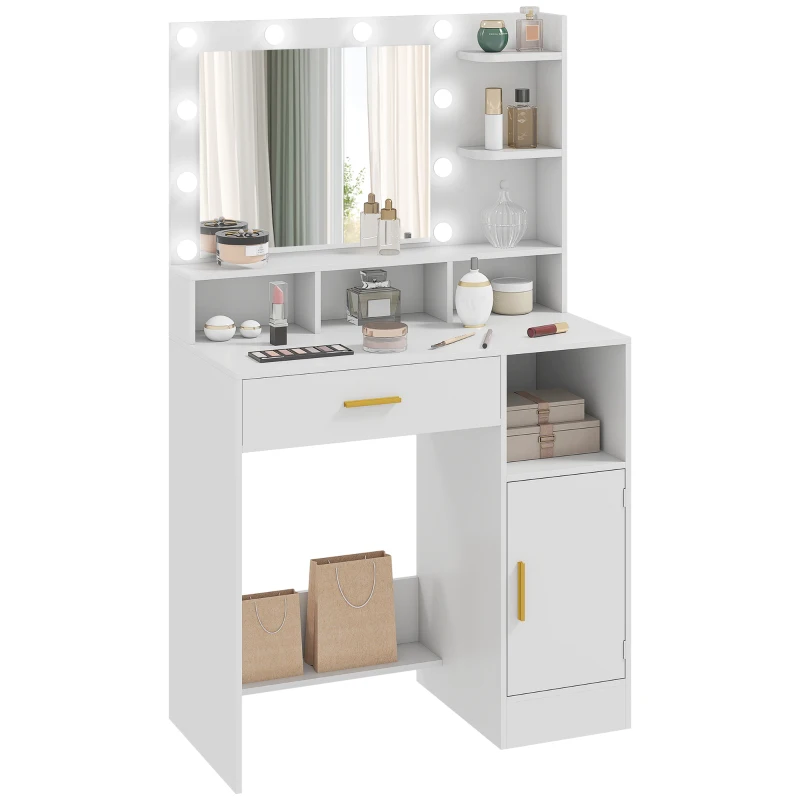 HOMCOM Tavolo da Trucco con Specchio e 10 Luci LED, Luminosità Regolabile, Cassetto, Armadietto e Mensole Aperte, 80x40x135cm, Bianco
