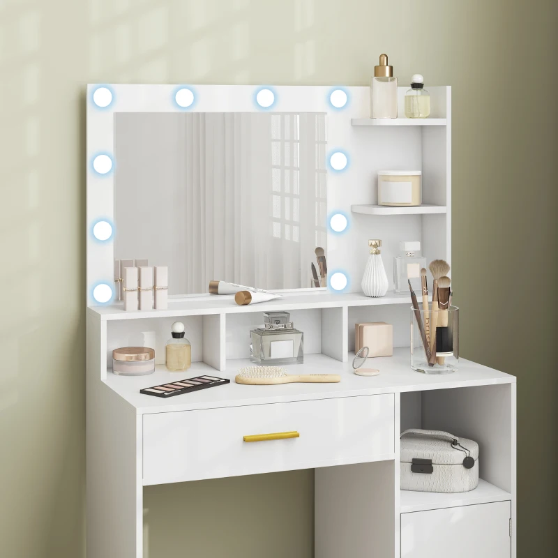 HOMCOM Frisiertisch mit LED-Spiegel und 10 Lichtern, dimmbar, Schublade, Schrank und offene Regale, 80x40x135cm, weiß