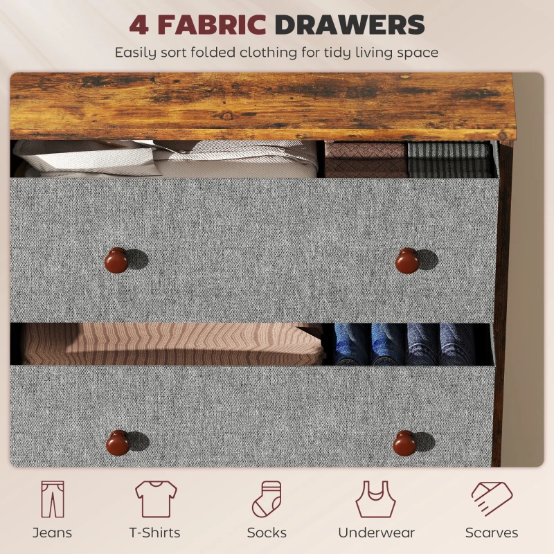 HOMCOM Chest of Drawers, Dresser with 4 Fabric Drawers - Grey and Rustic Brown