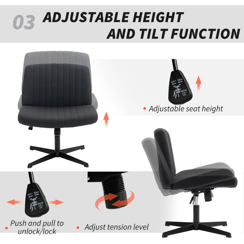 HOMCOM Armless Office Chair No Wheels, Linen Fabric Criss Cross Legged Desk Chair with Wide Seat, Thick Padding, Tilt Function, Height Adjustable Swivel Computer Seat for Home, Black