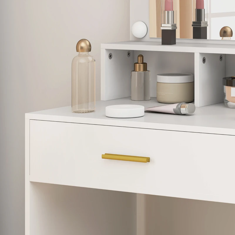 HOMCOM Frisiertisch mit LED-Spiegel und 10 Lichtern, dimmbar, Schublade, Schrank und offene Regale, 80x40x135cm, weiß