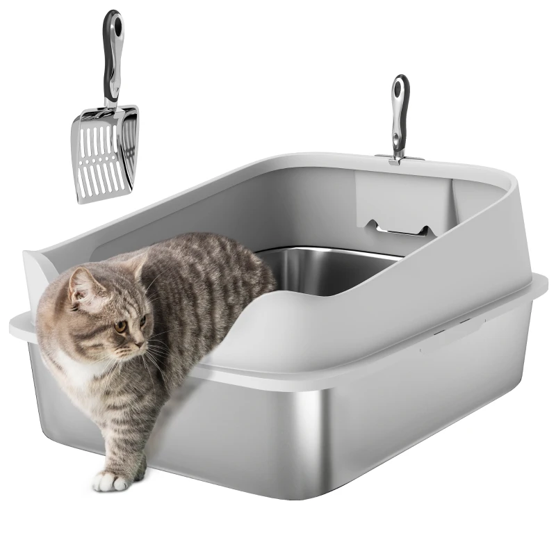 PawHut Litière pour Chats en Acier Inoxydable XXL avec Bord Haut Pelle Facile à Nettoyer Étanche 70x50x30 cm Gris