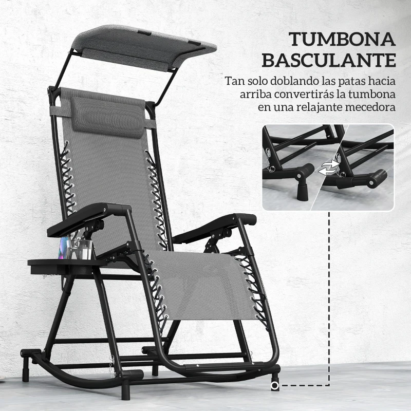 Outsunny Silla Mecedora de Jardín Plegable Tumbona Reclinable con Techo Protección Solar Reposacabezas Extraíble y Reposapiés Estructura de Acero 120x67x102 cm Gris