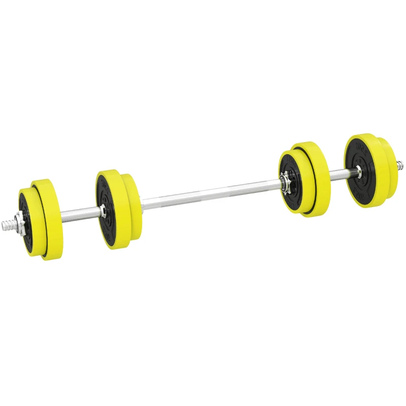 HOMCOM 20KGS 2-In-1 Dumbbell & Barbell Adjustable Set Strength Muscle Exercise Fitness Plate Bar Clamp Rod Home Gym Sports Area, Yellow