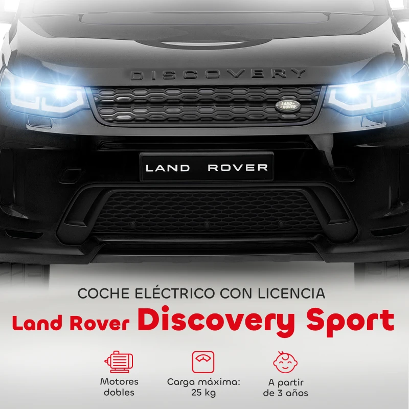 AIYAPLAY Coche Eléctrico para Niños con Licencia Land Rover Discovery Sport Batería 12V Mando a Distancia Faros y Música Negro