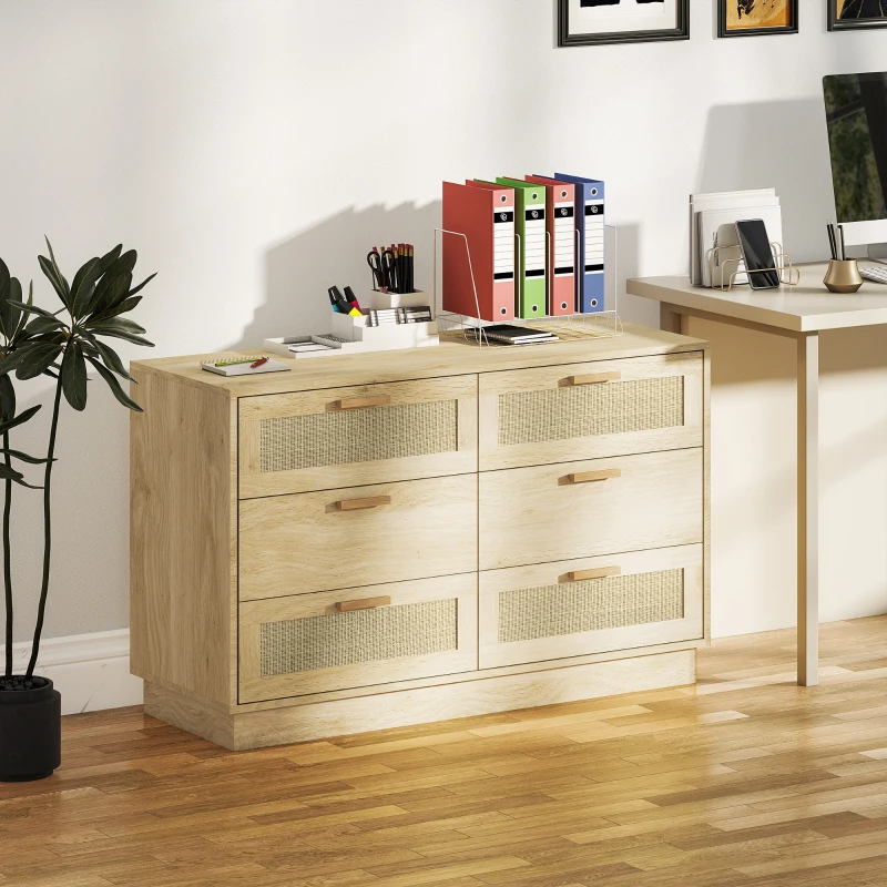 HOMCOM Cómoda de Madera con 6 Cajones de Rejilla de Ratán Estilo Bohemio Mueble Cajonera para Salón Oficina 110x40x69 cm Roble
