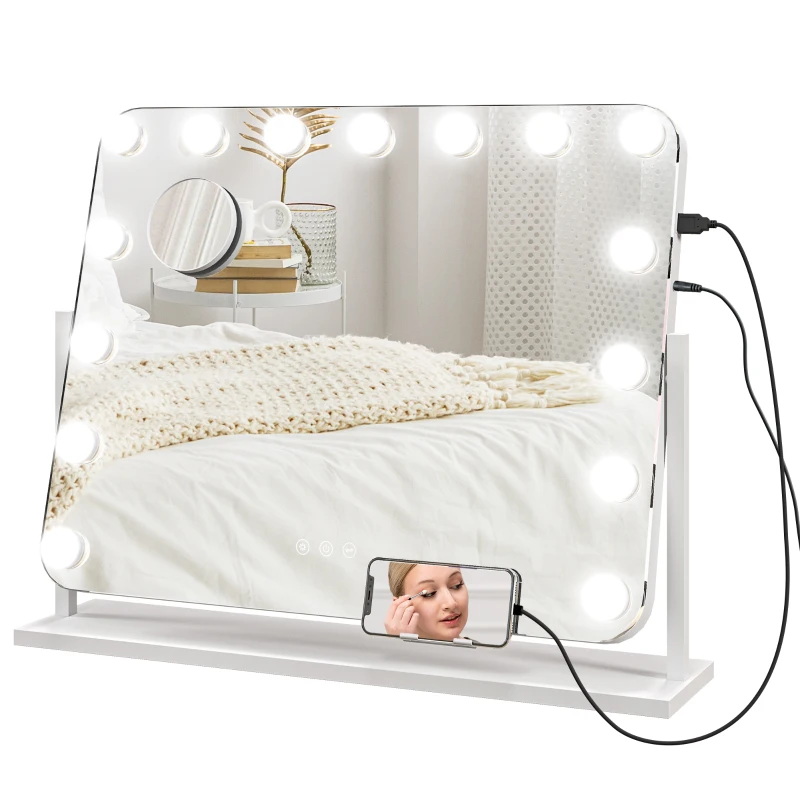 HOMCOM LED-Kosmetikspiegel, 3 Lichtmodi, dimmbar, Touchsteuerung, USB, 62,5 x 49,5cm, Weiß