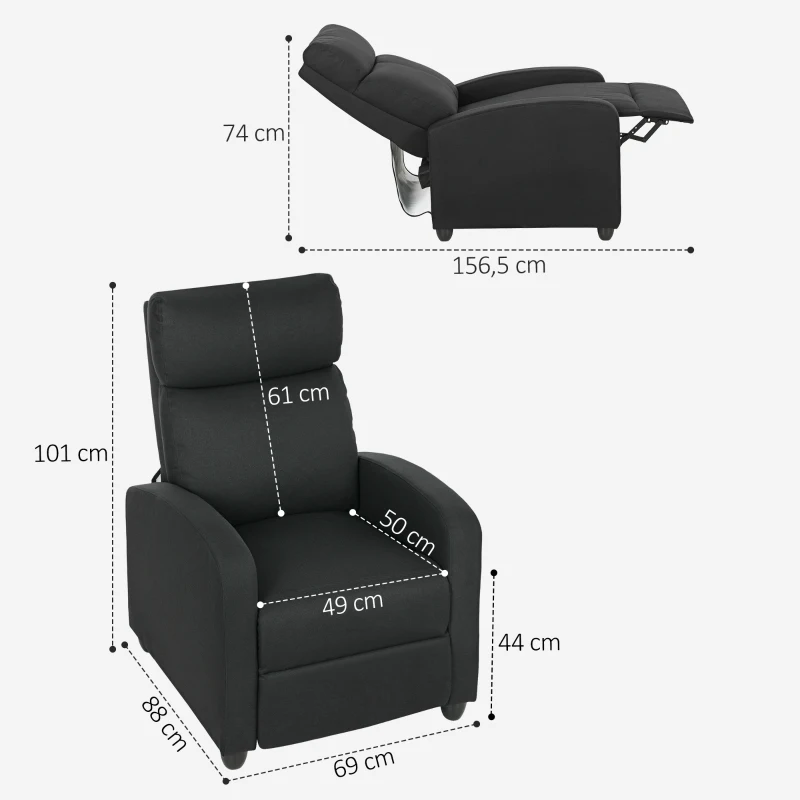 HOMCOM Relaxsessel, verstellbar 135°, ausziehbare Fußstütze, gepolsterte Lehnen, Leinen-Polyester, Schwarz(m-3)