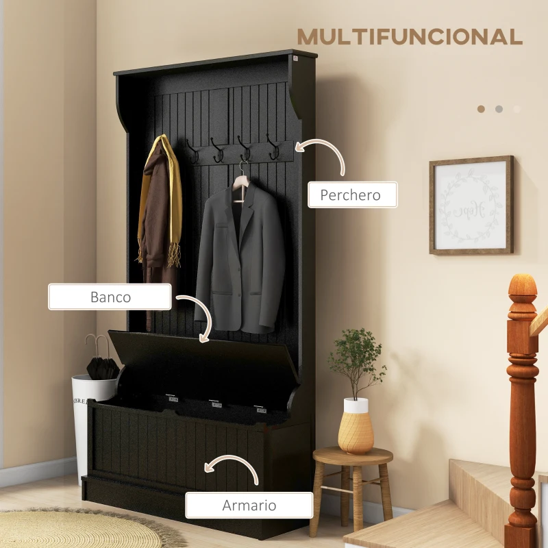 HOMCOM Perchero Zapatero con Banco de Almacenamiento y 5 Ganchos Estilo Moderno 96x34x179,7 cm Negro