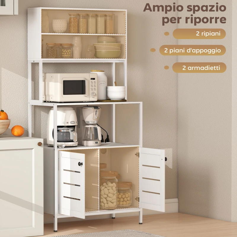 HOMCOM Mobile Dispensa con Ripiani, Armadietti e 2 Prese di Ricarica, in Legno e Acciaio, 80x42x171 cm, Bianco