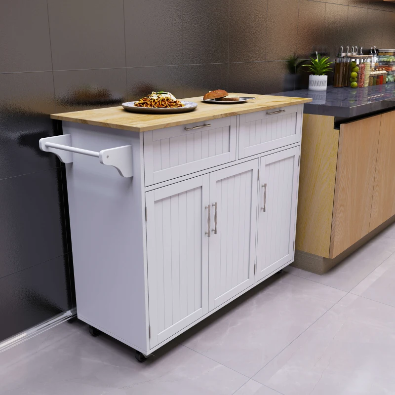 HOMCOM Carrello da Cucina Multiuso in Legno con 2 Cassetti, 3 Antine e 4 Ruote 121x46x91cm - Bianco