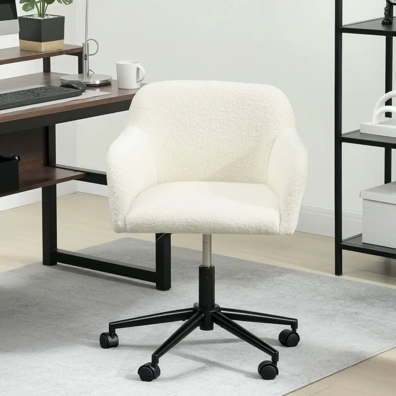 HOMCOM Silla de Oficina Giratoria con Ruedas Silla de Escritorio Tela de Franela Espuma Ajustable en Altura Oficina en Casa Crema