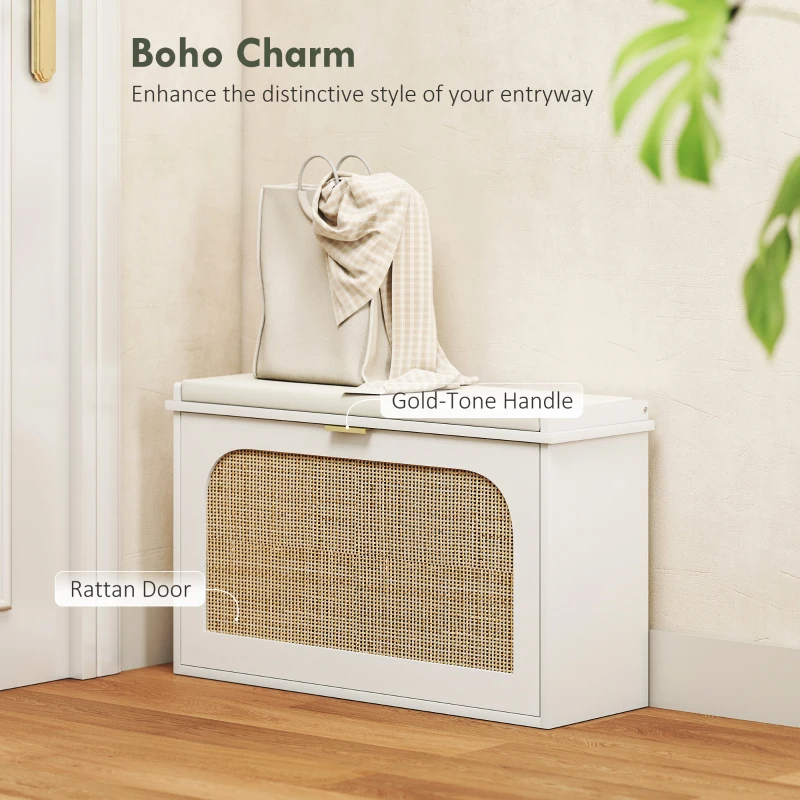 HOMCOM Boho Shoe Bench with Padded Seat and Flip-Drawer - White