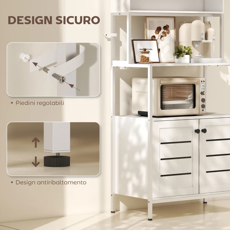 HOMCOM Mobile Dispensa con Ripiani, Armadietti e 2 Prese di Ricarica, in Legno e Acciaio, 80x42x171 cm, Bianco