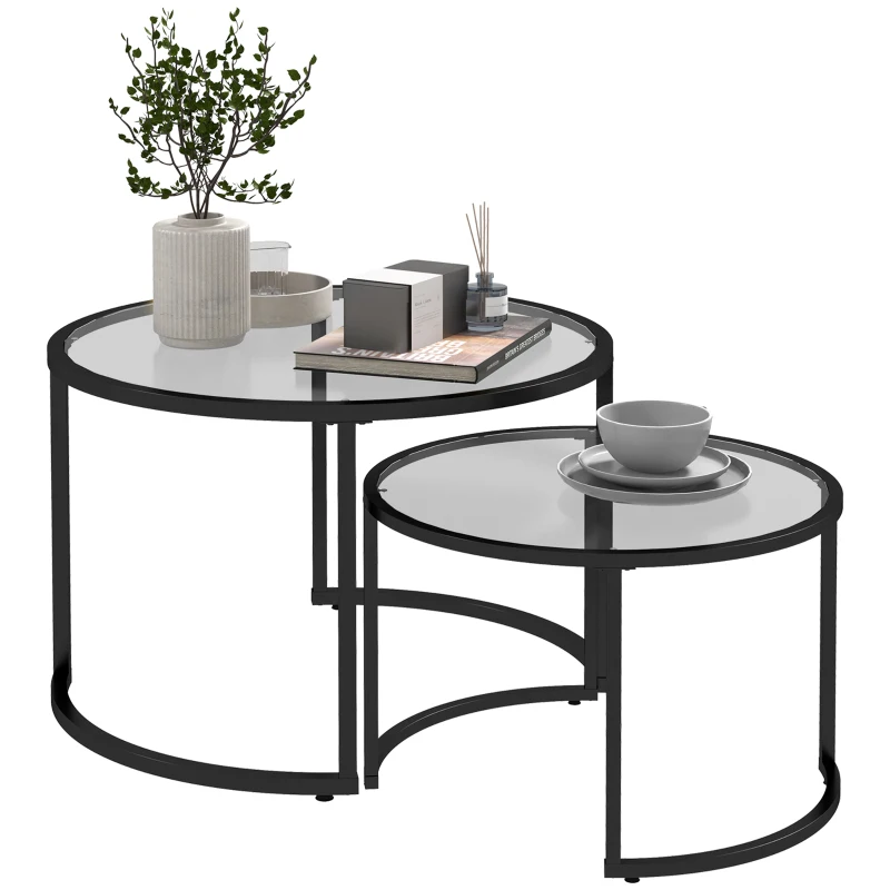 HOMCOM Set 2 Tavolini da Caffè Sovrapponibili in Vetro e Acciaio, Ø70x47.5 cm e Ø54 x 42.5 cm, Nero