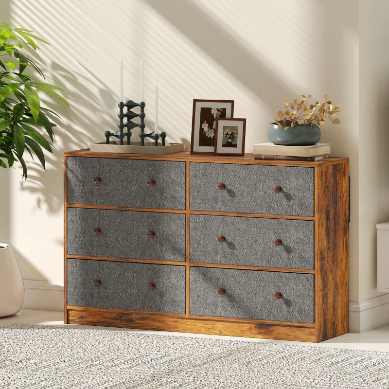 HOMCOM Chest of Drawers, Dresser with 6 Fabric Drawers - Grey and Rustic Brown