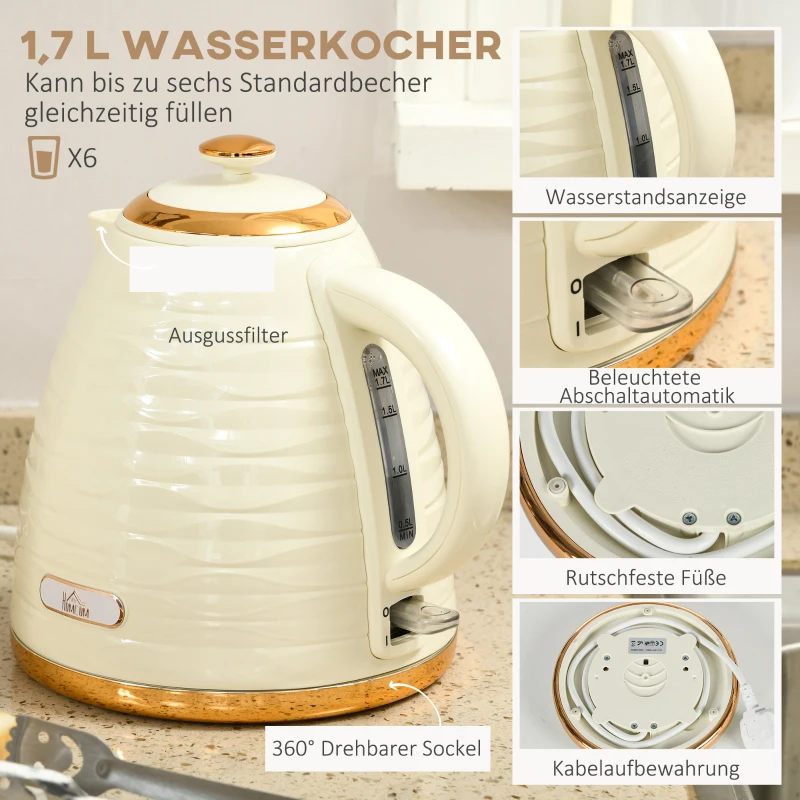 HOMCOM 2-in-1 Toaster- und Wasserkocher-Set, 7 Bräunungsstufen, Auftau- und Aufwärmfunktion, Beige(m-4)