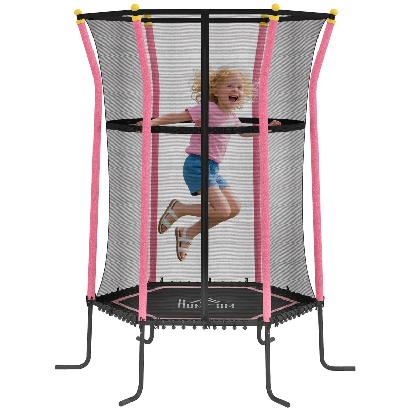HOMCOM Tappeto Elastico per Bambini con Ingresso a Cerniera e Pali Imbottiti, in Acciaio, PP e EPE, Ø163.5x190 cm, Rosa