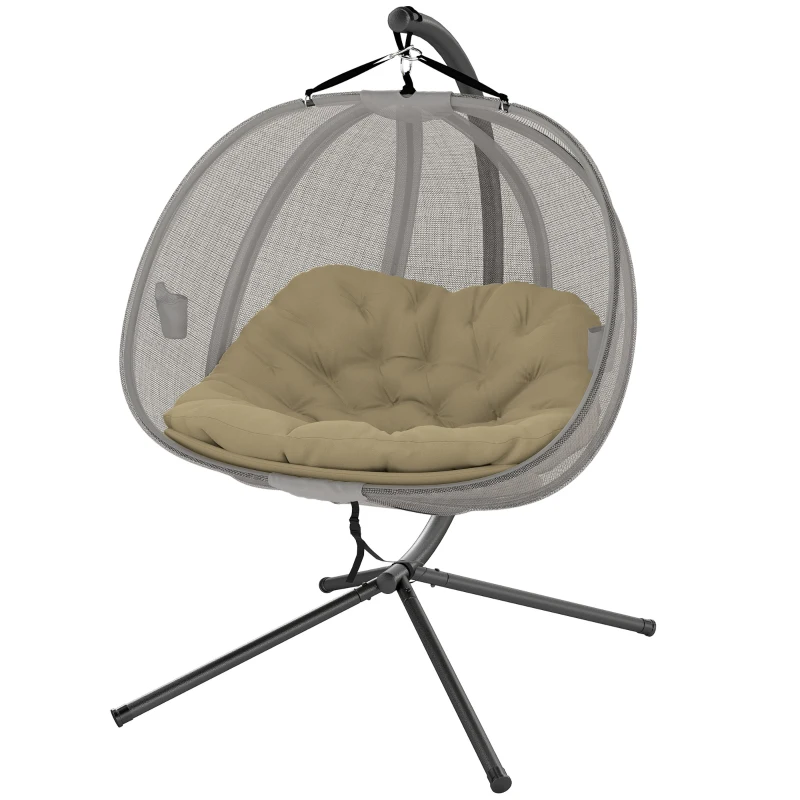 Outsunny Double Hanging Egg Chair 2 Seaters Texteline Swing Hammock Chair with Stand, Cushion and Folding Design, for Indoor and Outdoor, Brown