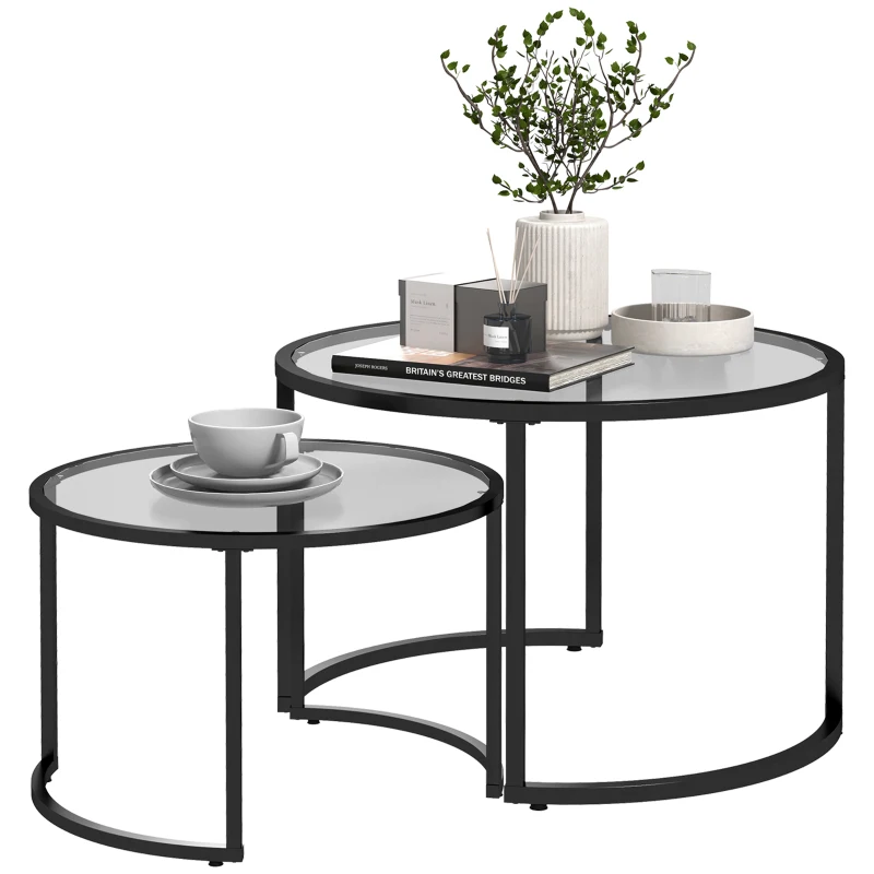 HOMCOM Set 2 Tavolini da Caffè Sovrapponibili in Vetro e Acciaio, Ø70x47.5 cm e Ø54 x 42.5 cm, Nero