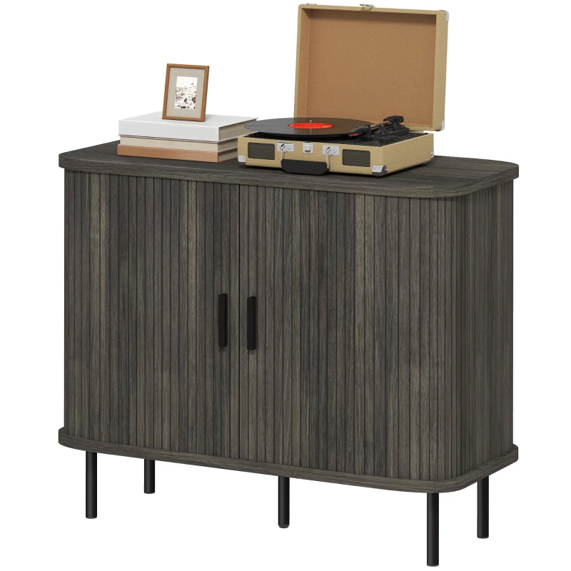 HOMCOM Mid-Century Modern Sideboard Storage Cabinet with Slatted Tambour Sliding Doors, Kitchen Cabinet with Steel Legs, Grey