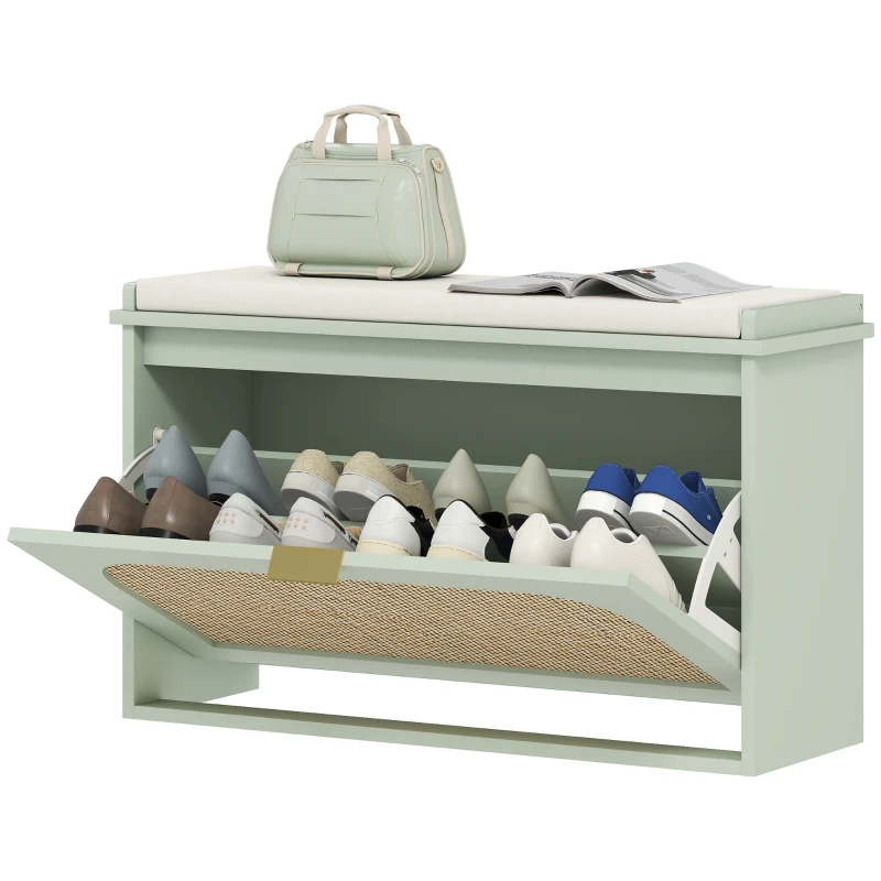 HOMCOM Boho Shoe Bench with Padded Seat and Flip-Drawer - Light Green