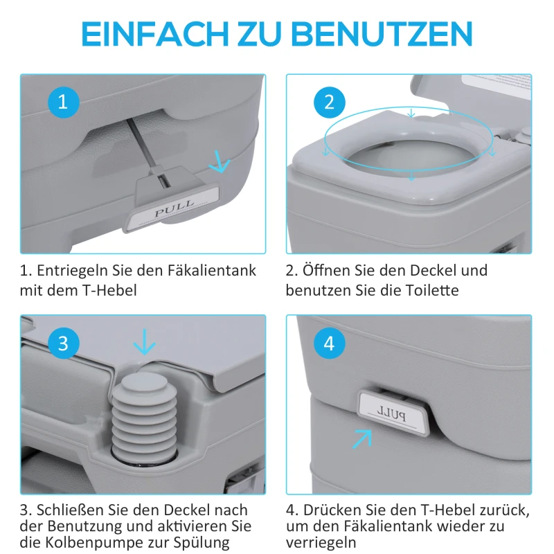 HOMCOM Campingtoilet, 20 L Mobiel WC, Campingtoilet met spoel- en afvoertank, 35,5 x 41 x 42,5 cm, plastic, grijs
