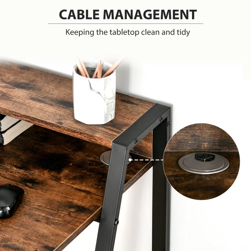 Vinsetto Home Office Chair and Computer Desk Set, Mesh Chair with Swivel Wheels, Study Desk with Storage Shelf, Rustic Brown and Black