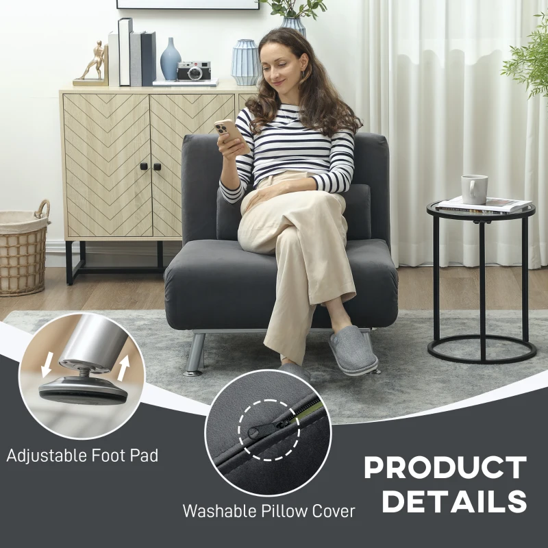 HOMCOM Opklapbare stoel met bedfunctie, opvouwbare relaxstoel in velvet-look, Verstelbare rugleuning, 75 x 70 x 75 cm, Donkergrijs