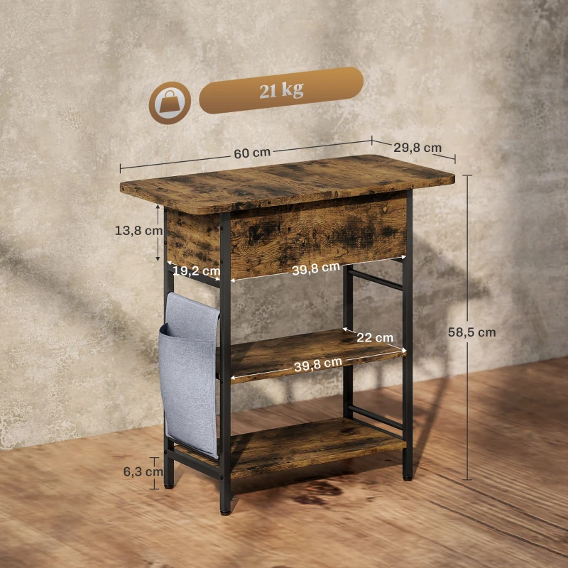 HOMCOM Table d'appoint bout de canapé avec station de charge et sac de rangement, 60 x 29,8 x 58,5 cm, brun rustique