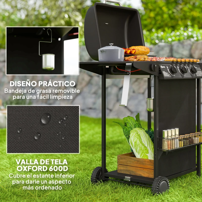 Outsunny Barbacoa de Gas con 3 Quemadores Quemador Lateral Tapa con Termómetro Parrilla y Mesa Lateral Ruedas 108x54x97 cm Negro