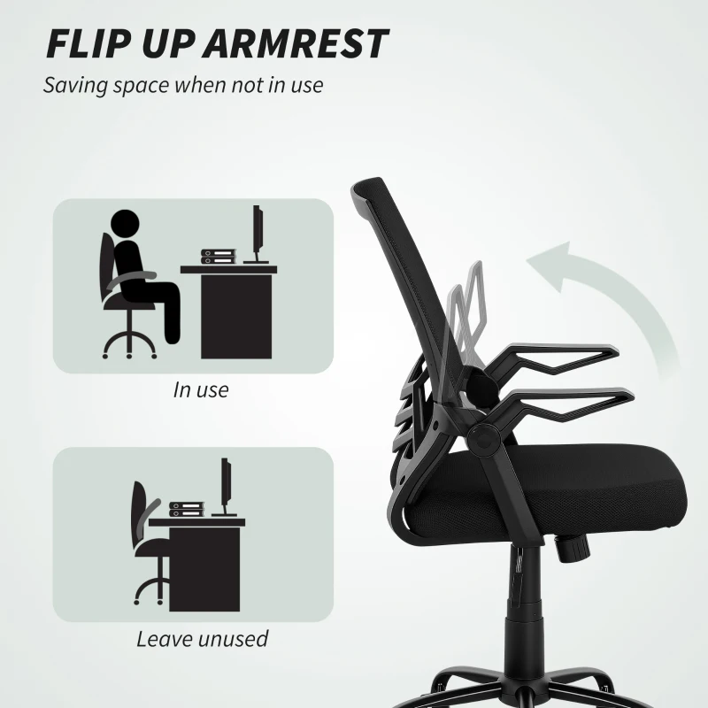 Vinsetto Mesh Office Chair, Computer Desk Chair with Flip-up Armrests, Lumbar Back Support and Swivel Wheels, Black