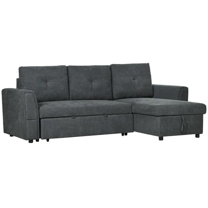 HOMCOM Sofá de 3 Plazas con Función de Cama, Sofá Cama con Chaise Longue, Tapizado en Gris Oscuro