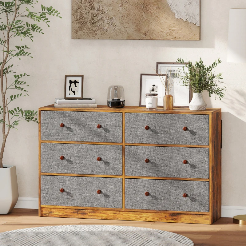 HOMCOM Chest of Drawers, Dresser with 6 Fabric Drawers - Grey and Rustic Brown