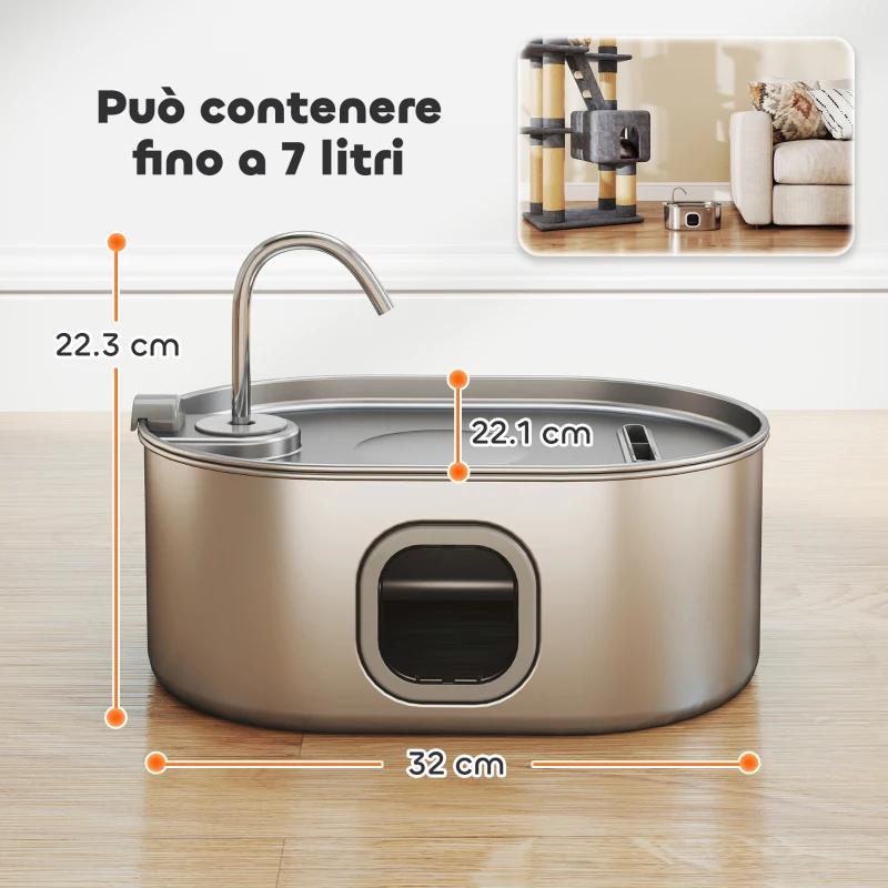 PawHut Fontanella per Gatto da 7L con Luce LED e Spazzola, in Acciaio Inox 304, 32x22.1x22.3 cm, Argento