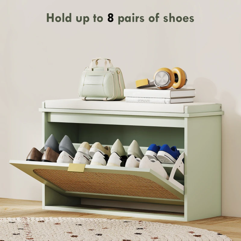 HOMCOM Boho Shoe Bench with Padded Seat and Flip-Drawer - Light Green