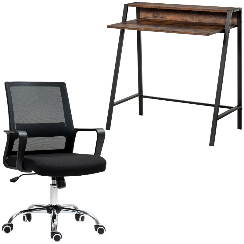 Vinsetto Home Office Chair and Computer Desk Set, Mesh Chair with Swivel Wheels, Study Desk with Storage Shelf, Rustic Brown and Black