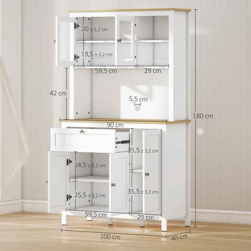 HOMCOM Buffet de cuisine haut 5 portes dont 2 portes vitrées et 1 tiroir, 1 niche centrale - hauteur 180 cm blanc