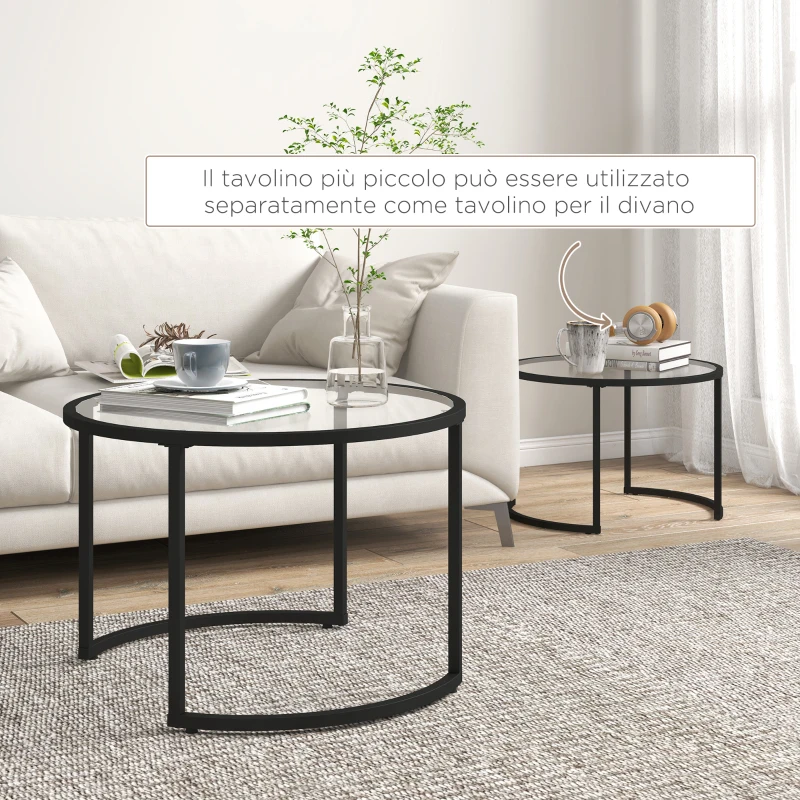 HOMCOM Set 2 Tavolini da Caffè Sovrapponibili in Vetro e Acciaio, Ø70x47.5 cm e Ø54 x 42.5 cm, Nero