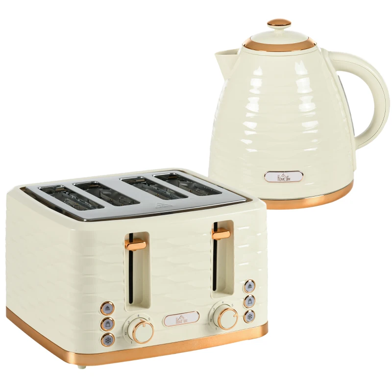 HOMCOM Set de Tostadora y Hervidor 2 en 1, 7 Niveles de Tostado, Función de Descongelar y Calentar, Beige