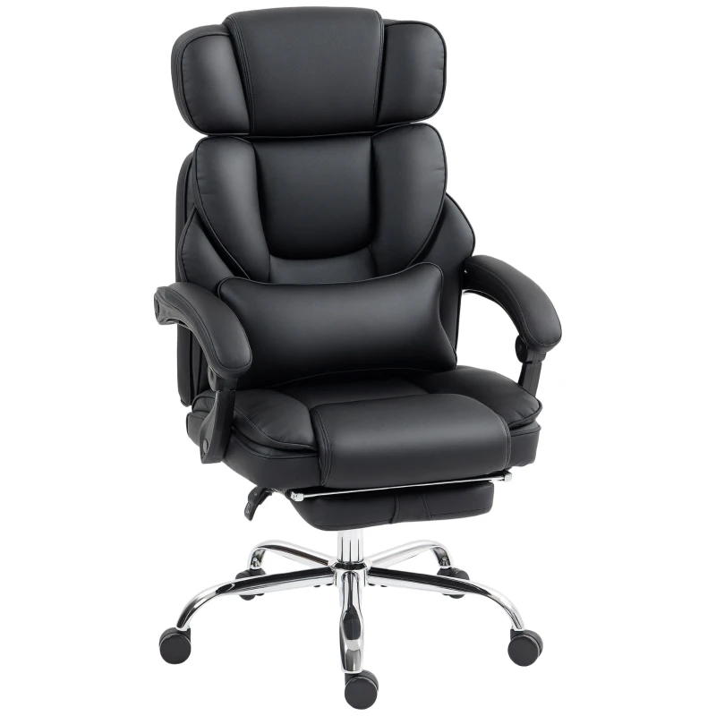 HOMCOM Silla de Oficina en Cuero PU con Reposapiés, Reposacabezas Ajustable y Soporte Lumbar, Negro
