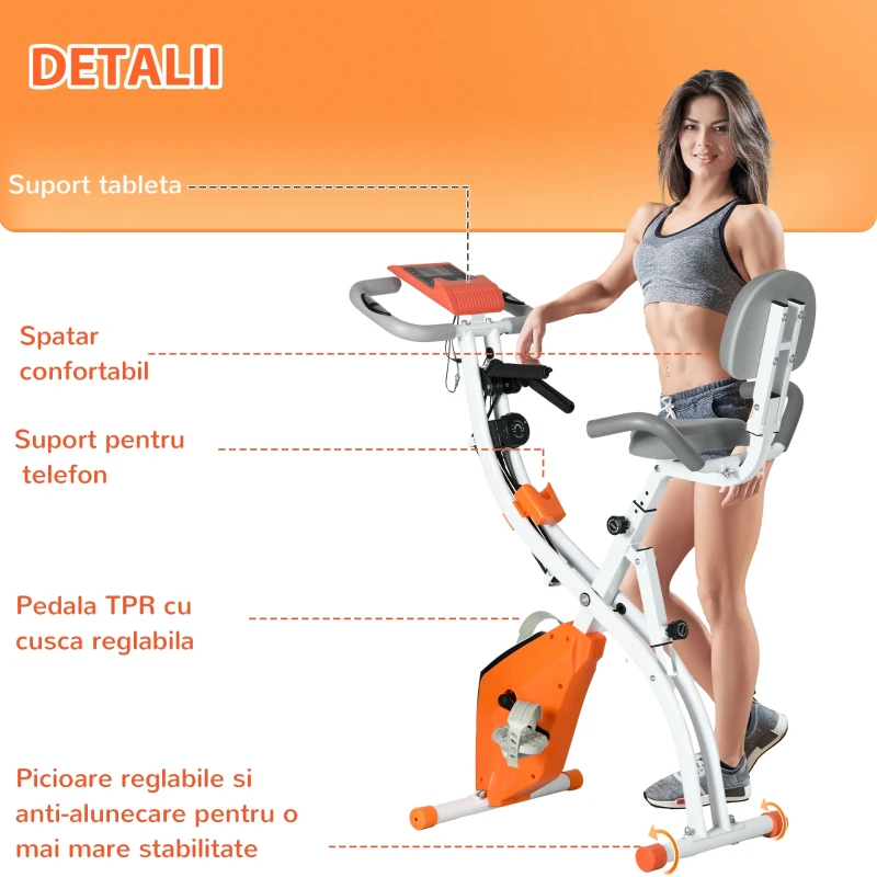 HOMCOM Bicicletă Pliabilă cu Rezistență pe 8 Niveluri și Benzi pentru Brațe, Portocalie