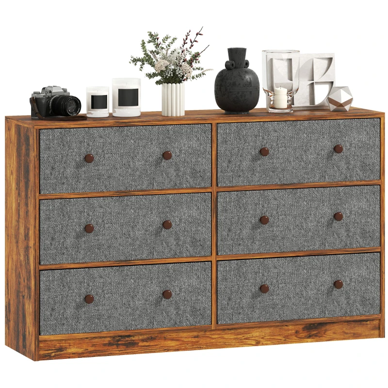 HOMCOM Chest of Drawers, Dresser with 6 Fabric Drawers - Grey and Rustic Brown