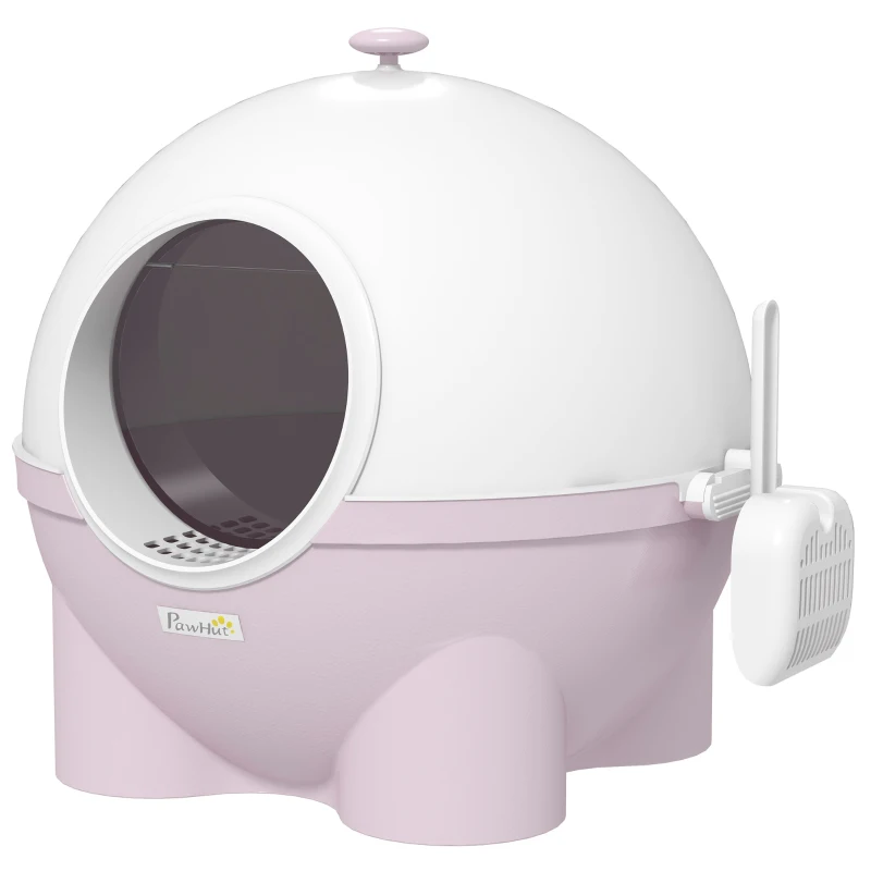 PawHut Lettiera per Gatti 4kg Max con Coperchio e Paletta Inclusa, 53x51x48 cm, Bianca e Rosa
