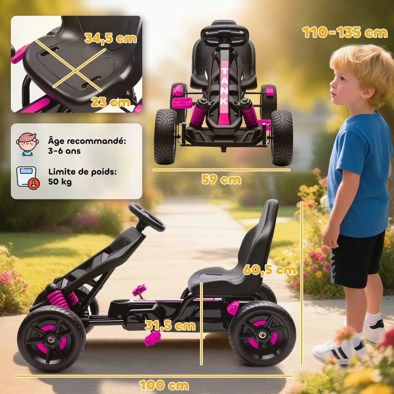 AIYAPLAY Kart à pédales pour enfants, karting enfant 3 à 6 ans avec roue libre, frein, roues EVA antidérapantes, rose